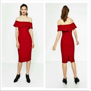 Zara Red Off the shoulder midi dress size small